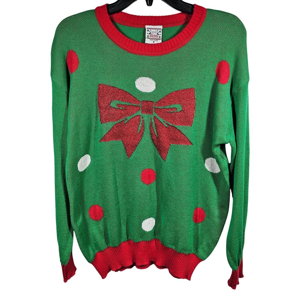 Well Worn Holiday Sweater Green with Red Metallic Bow NWT Women's M